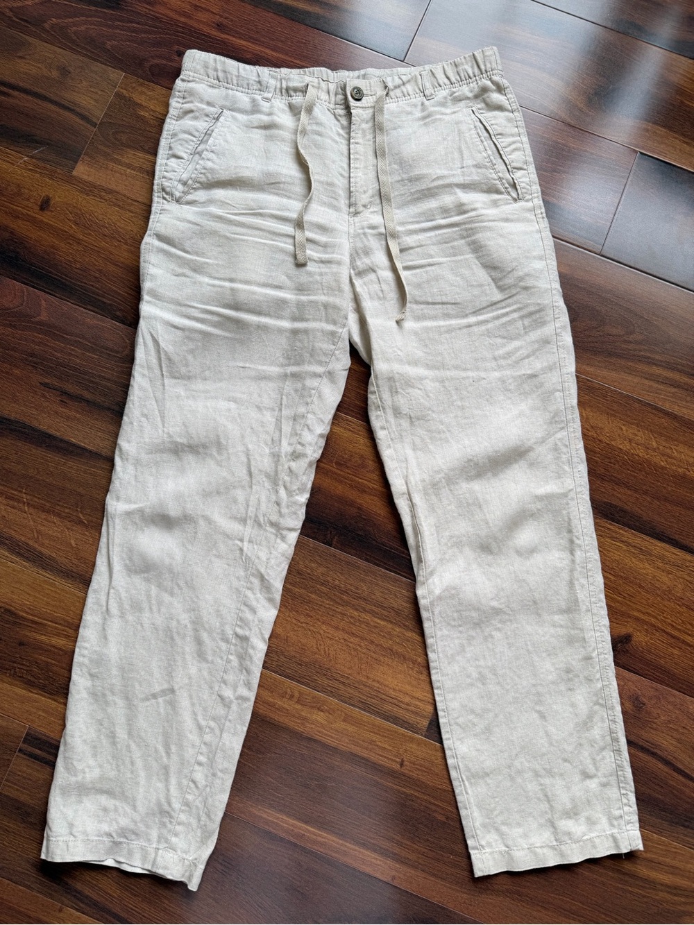 Tasso Elba 100% Linen Straight Flax Color Pants Zipper and Drawstring Womens M
